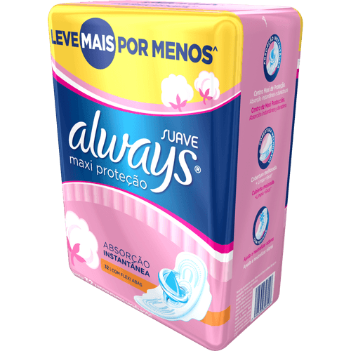 Absorvente com Abas Suave Always M Pacote 32 Unidades Grátis 4 Absorventes