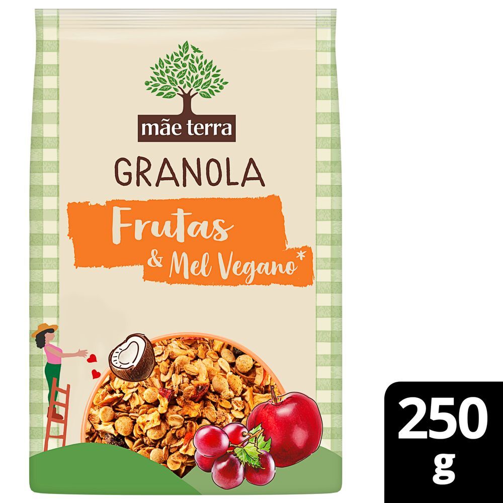 Granola Mistura de Flocos de Cereais Integrais, Sementes Chia, Linhaça e Gergelim, Frutas, Mel Vegano Melado de Cana Mãe Terra Pacote 250g