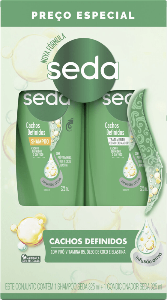 Kit Shampoo + Condicionador com Pró-Vitamina B5, Óleo de Coco e Elastina Seda Cachos Definidos 325ml Cada Preço Especial