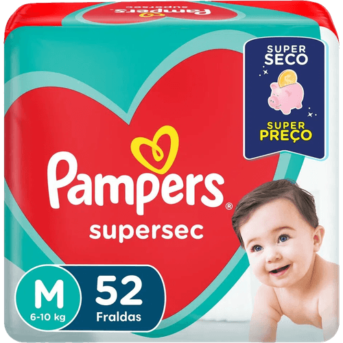 Fralda Descartável Infantil Pampers Supersec M 6 a 10kg Pacote 52 Unidades
