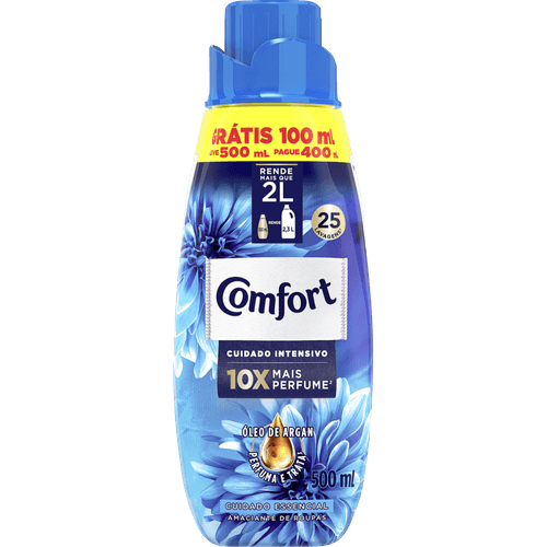 Amaciante de Roupa Concentrado com Óleo de Argan Frescor Intenso Comfort Frasco Leve 500ml Pague 400ml
