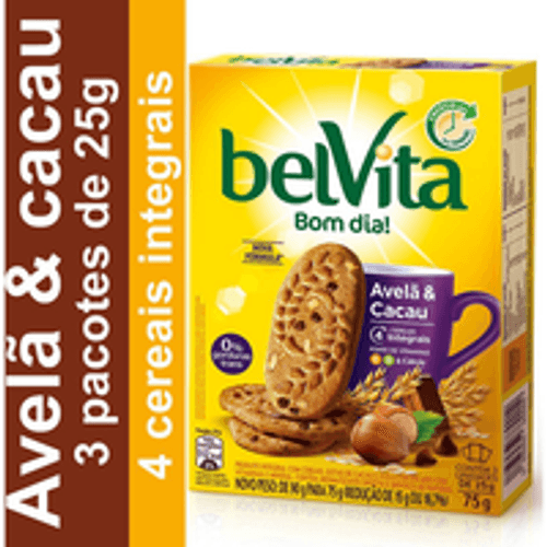 Biscoito Integral com Cereais, Avelã & Gotas de Cacau Belvita Caixa 75g 3 Unidades de 25g Cada