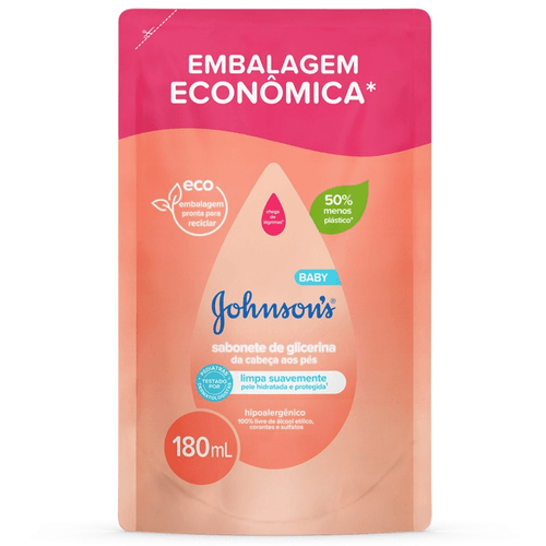 Sabonete Líquido de Glicerina da Cabeça aos Pés Johnson's Baby Sachê 180ml Refil Embalagem Econômica