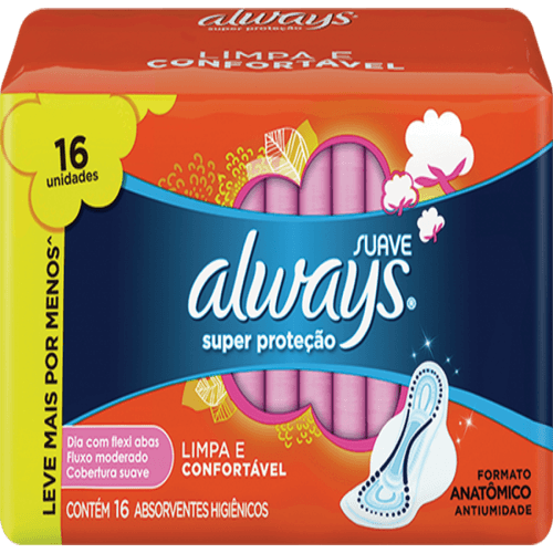 Absorvente com Abas Suave Always Pequeno Pacote 16 Unidades Grátis 2 Absorventes
