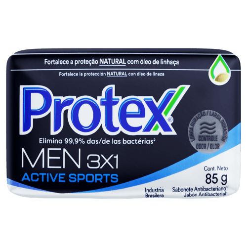 Sabonete em Barra Antibacteriano com Óleo de Linhaça Protex Men 3x1 Active Sports Envoltório 85g