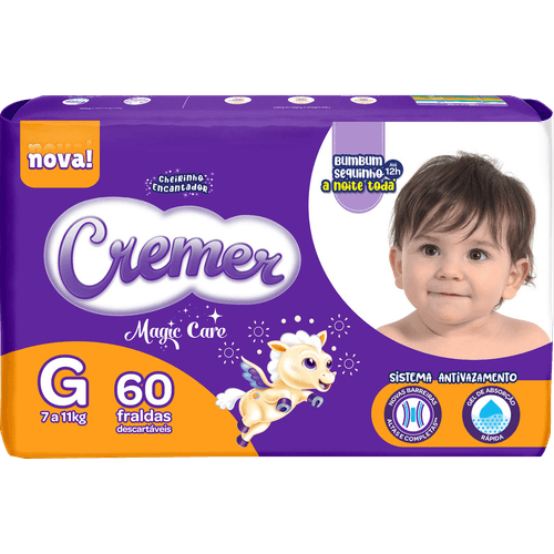 Fralda Descartável Infantil Cremer Magic Care G 7 a 11kg Pacote 60 Unidades