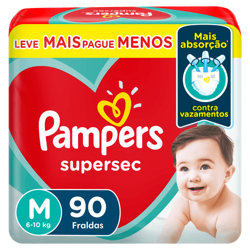 Fralda Descartável Infantil Pampers Supersec M 6 a 10kg Pacote 90 Unidades Leve Mais Pague Menos