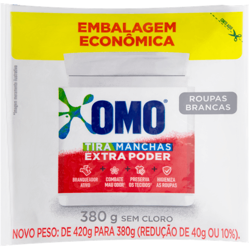 Tira-Manchas em Pó Roupas Brancas sem Cloro Omo Pacote 380g Refil Embalagem Econômica
