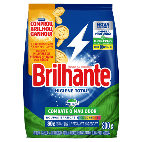 Sanitizante Lava-Roupas em Pó Roupas Brancas e Coloridas Ativo Concentrado Brilhante Higiene Total Antibac Pacote 800g