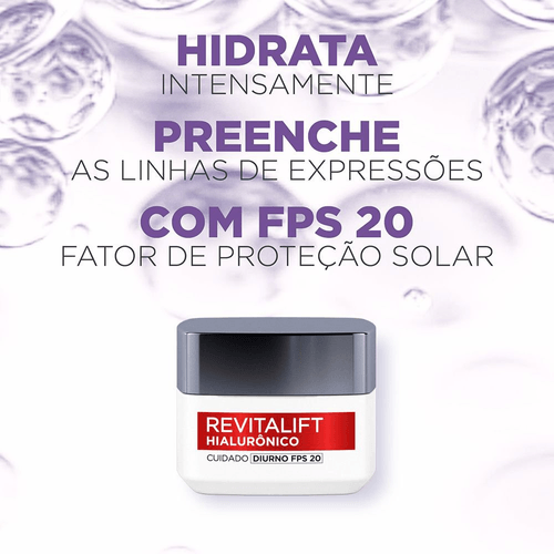 Creme Hidratante Facial Anti-idade L'Oréal Paris Revitalift Hialurônico Diurno FPS 20, 49g