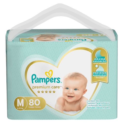 Fralda Descartável Infantil Pampers Premium Care M 6 a 10kg Pacote 80 Unidades