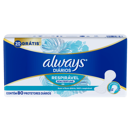 Protetor Diário sem Abas Respirável Always Pacote 80 Unidades Grátis 20 Unidades