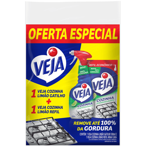 Kit Limpador de Uso Geral Desengordurante para Cozinha Limão 500ml + Refil 400ml Veja Oferta Especial