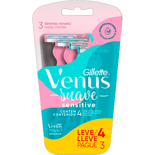 Aparelho Descartável para Depilar Gillette Venus Simply3 Suave Sensitive Leve 4 Pague 3 Unidades