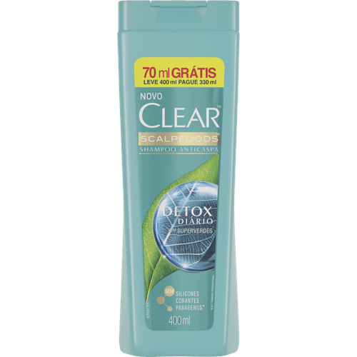Shampoo Anticaspa com Chá Verde e Alecrim Clear Botanique Detox Diário Frasco Leve 400ml Pague 330ml