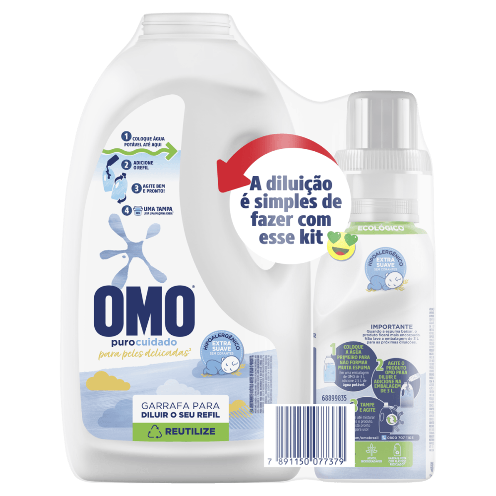 Kit Garrafa para Diluição + Lava-Roupas Líquido para Diluir Omo Puro Cuidado 500ml Refil Econômico