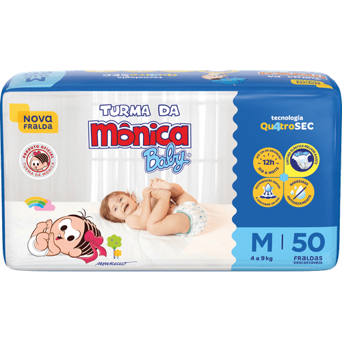 Fralda Descartável Turma da Mônica Baby M 4 a 9kg Pacote 50 Unidades