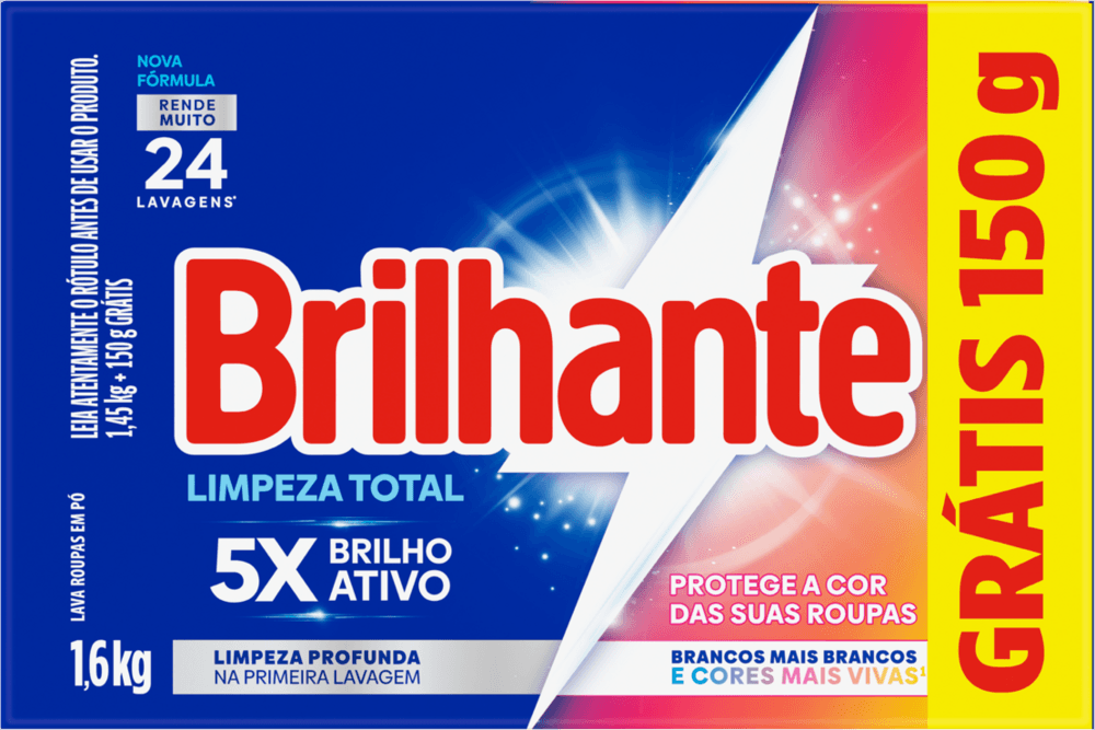 Lava-Roupas Pó Roupas Brancas e Coloridas Ativo Concentrado Brilhante Limpeza Total Caixa 1,6kg Grátis 150g