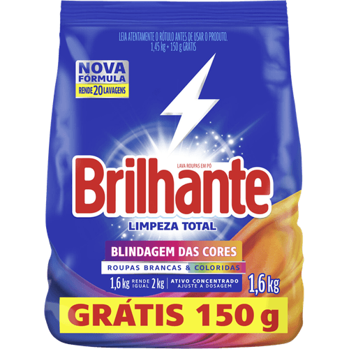 Lava-Roupas em Pó Roupas Brancas e Coloridas Ativo Concentrado Brilhante Limpeza Total Pacote 1,6kg Grátis 150g
