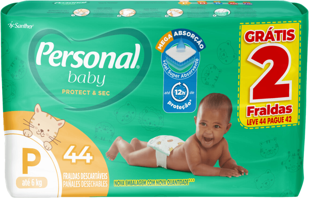 Fralda Descartável Personal Baby Protect & Sec P até 6kg Pacote Leve 44 ...