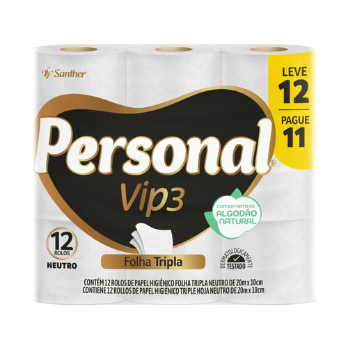 Papel Higiênico Personal Vip 3 Folha Tripla com 12 rolos de 20 metros