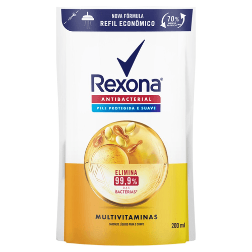 Sabonete Líquido Antibacterial Multivitaminas Rexona Sachê 200ml Refil Econômico