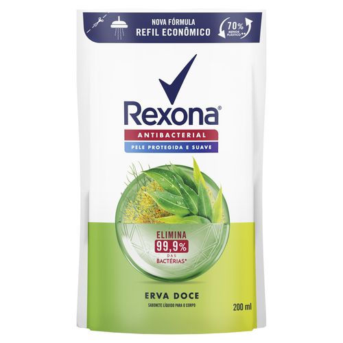Sabonete Líquido Antibacterial Erva-Doce Rexona Sachê 200ml Refil Econômico
