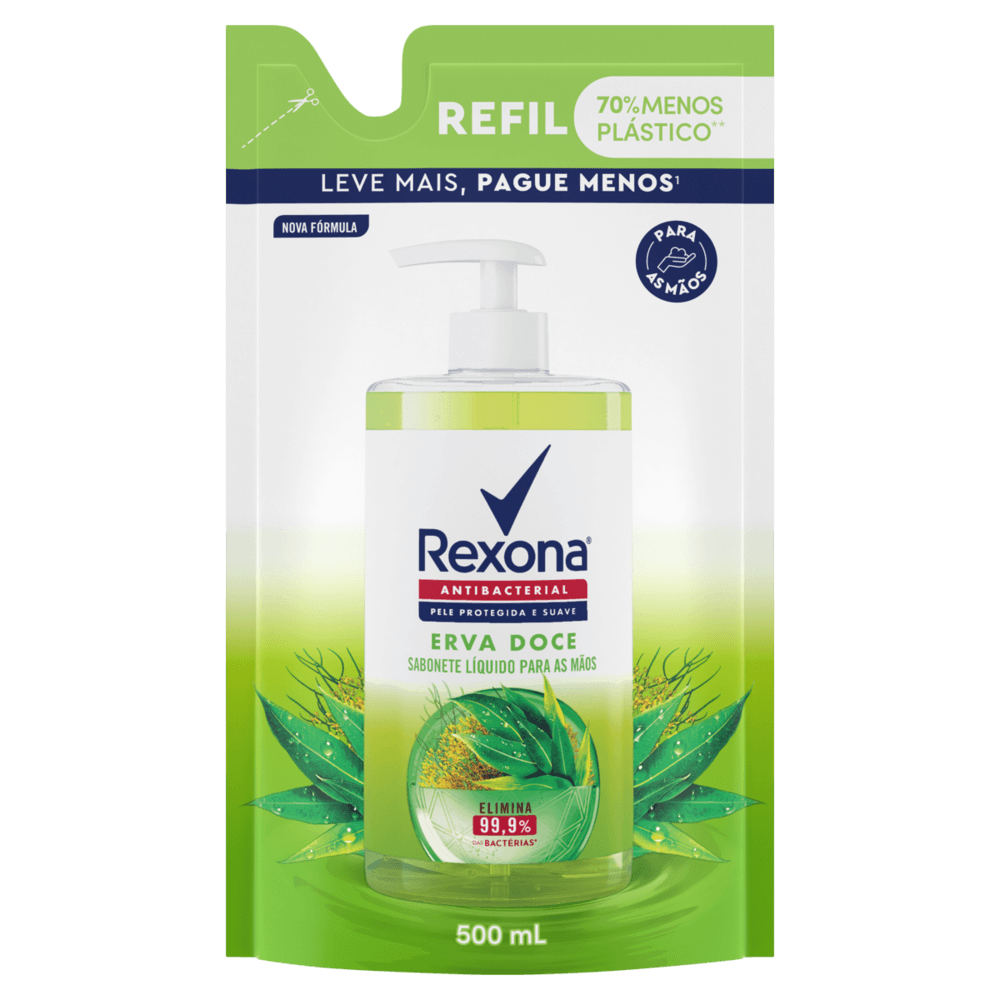 Sabonete Líquido para as Mãos Antibacterial Erva-Doce Rexona Sachê 500ml Refil Leve Mais Pague Menos