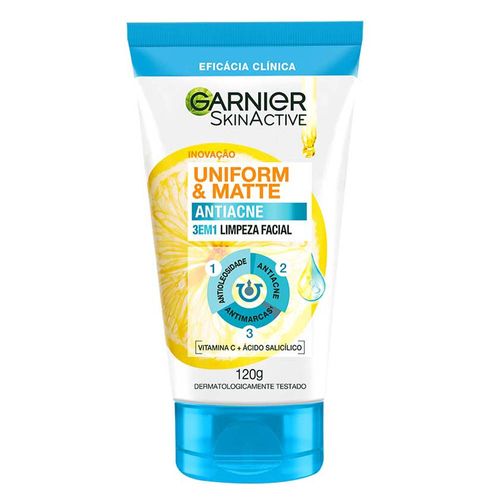 Limpeza Facial Antiacne 3 em 1 Vitamina C + Ácido Salicílico Garnier SkinActive Uniform & Matte Bisnaga 120g