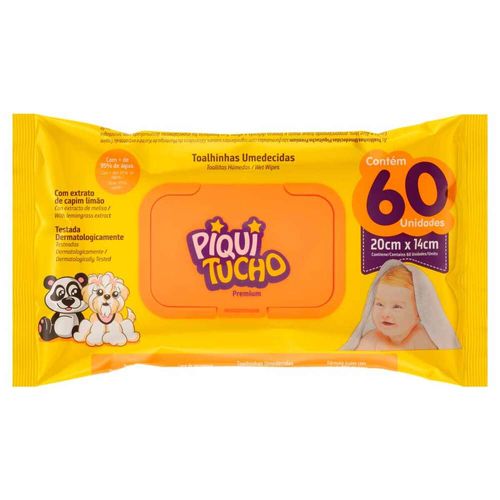 Toalha Umedecida Infantil com Extrato de Capim Limão Piquitucho Premium Pacote 60 Unidades