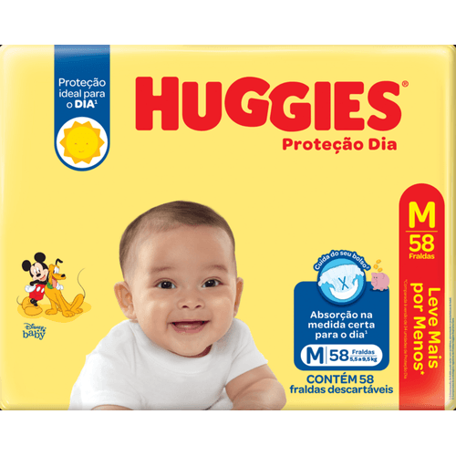 Fralda Descartável Infantil Huggies Proteção Dia M 5,5 a 9,5kg  Pacote 58 Unidades Leve Mais Pague Menos