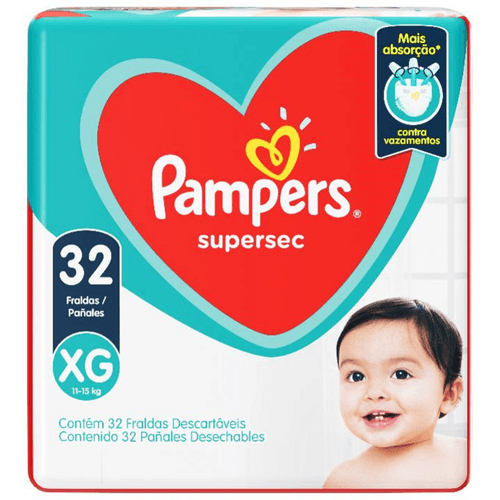 Fralda Descartável Infantil Pampers Supersec XG 11 a 15kg Pacote 32 Unidades