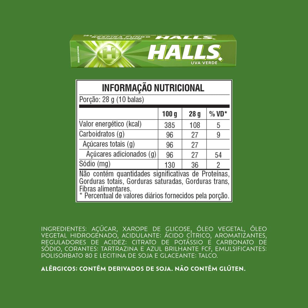 Encontraproduto.com.br - Bala Halls Uva Verde Caixa Com 21 Unidades De 28g