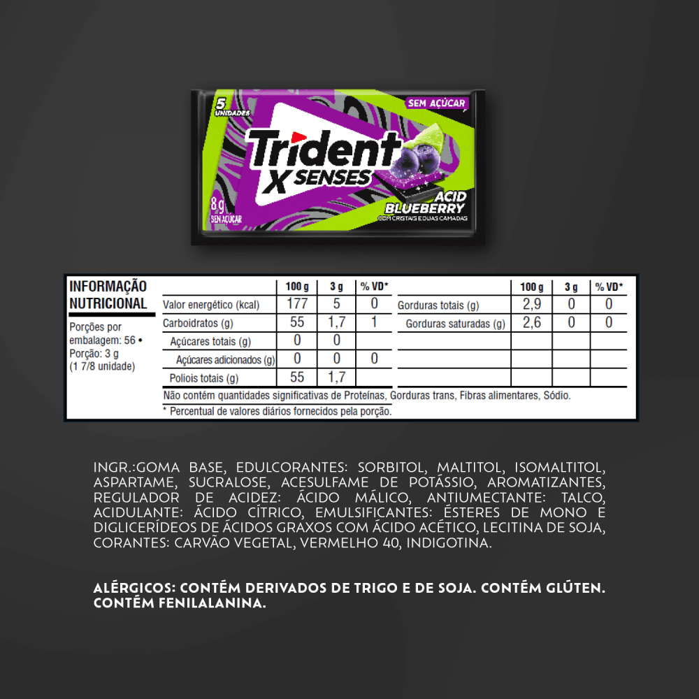 Chiclete Trident XSenses Acid Blueberry Sem Açúcar 8g - Dec Minas