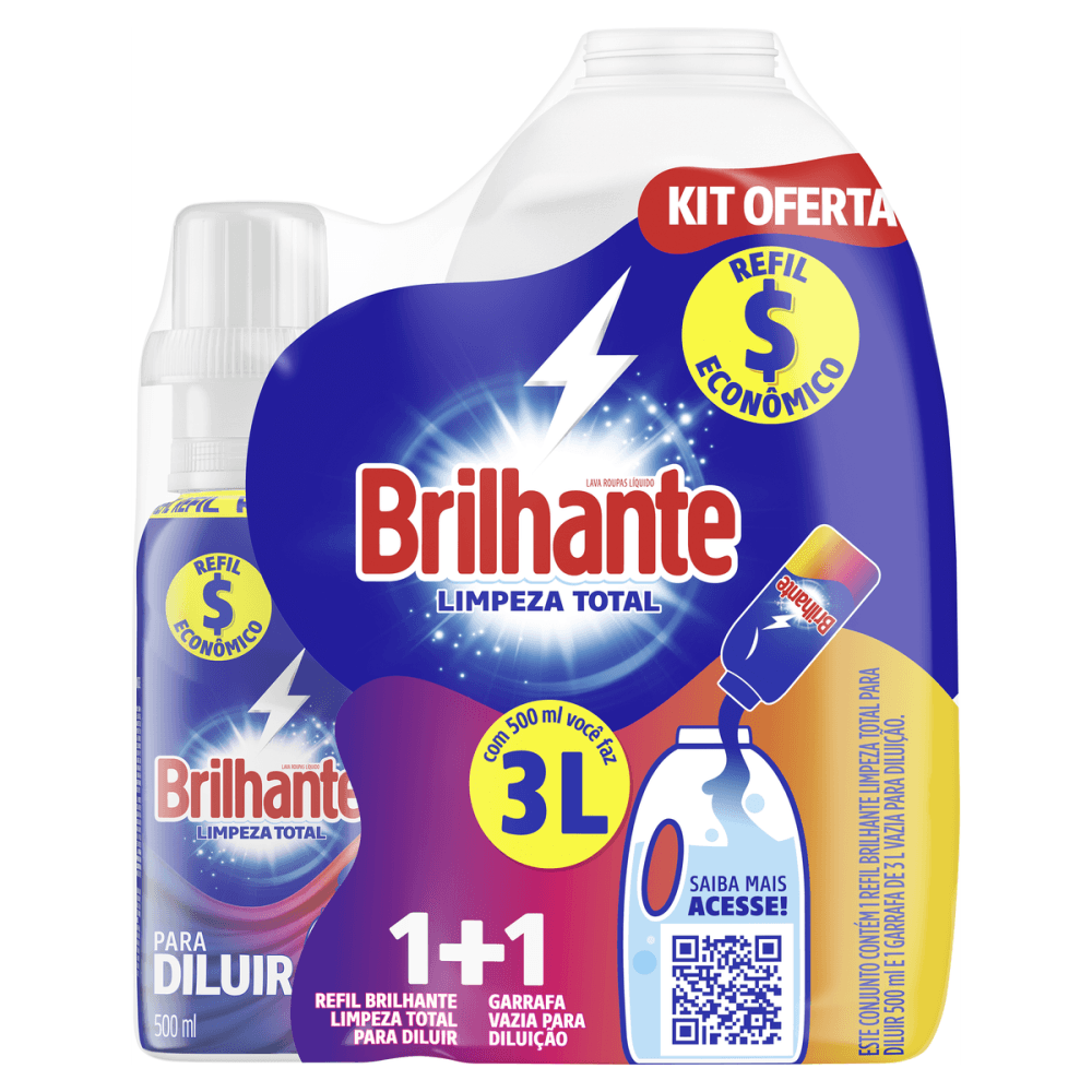 Kit Oferta Garrafa Vazia para Diluição + Lava-Roupas Concentrado para Diluir Brilhante Limpeza Total 500ml Refil Econômico