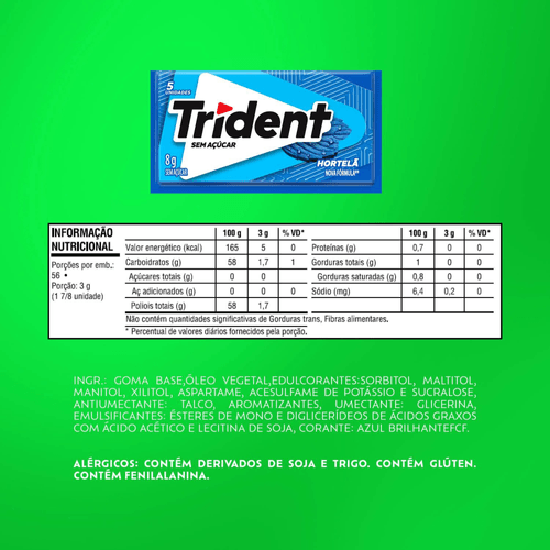 Chiclete Trident Hortelã sem açúcar