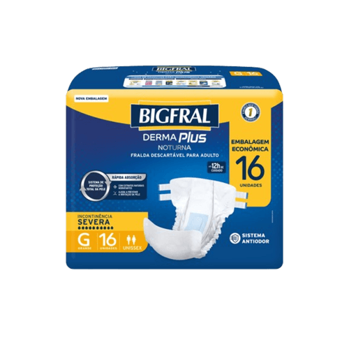 FD GER BIGFRAL DERMA PLUS NOTURNA EMBALAGEM ECONOMICA 16 UN TAMANHO GRANDE RAPIDA ABSORÇÃO INCONTINENCIA SEVERA.