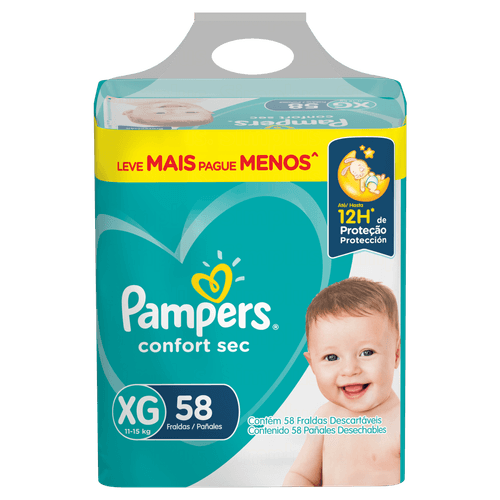 Fralda Descartável Infantil Pampers Confort Sec XG 11 a 15kg Pacote 58 Unidades Leve Mais Pague Menos