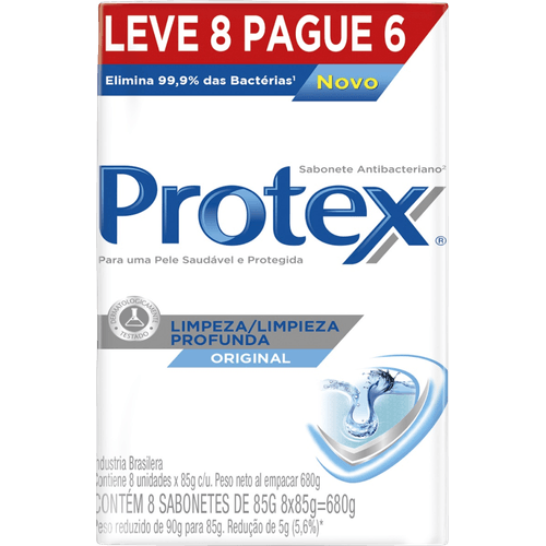 Sabonete em Barra Antibacteriano Original Protex Limpeza Profunda Envoltório 680g Leve 8 Pague 6 Unidades de 85g Cada