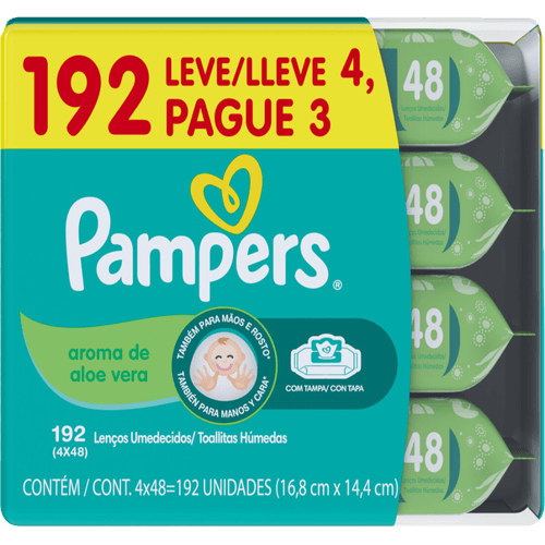 Lenço Umedecido Infantil Aloe Vera Pampers Pacote Leve 4 Pague 3 Unidades de 48 Lenços Cada
