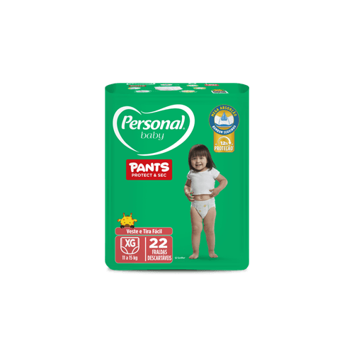 FRALDA PERSONAL BABY PANTS PROTECT & SEC MEGA ABSORÇÃO ATÉ 12HORAS DE PROTEÇÃO VESTE E TIRA FACIL XG 22 UNIDADES