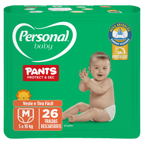 FRALDA PERSONAL BABY PANTS PROTECT & SEC MEGA ABSORÇÃO ATÉ 12HORAS DE PROTEÇÃO VESTE E TIRA FACIL M 26 UNIDADES