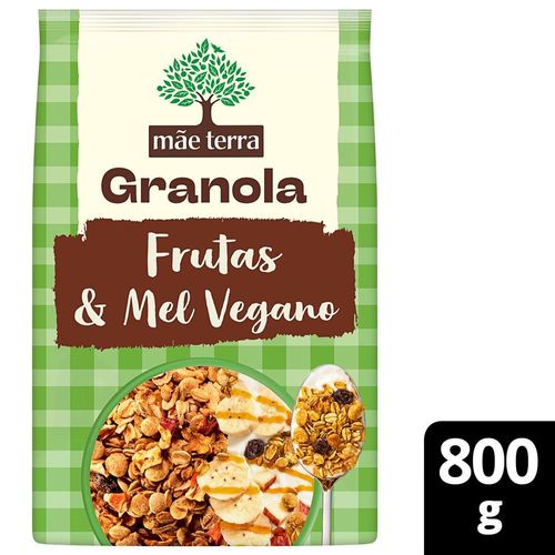 Granola Mistura de Flocos de Cereais Integrais, Sementes Chia, Linhaça e Gergelim, Frutas, Mel Vegano Melado de Cana Mãe Terra Pacote 800g