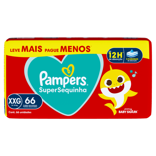 FRALDA PAMPERS SUPERSEQUINHA JUMBO LEVE MAIS PAGUE MENOS XXG 66UN ATE 12H DE ABSORÇÃO