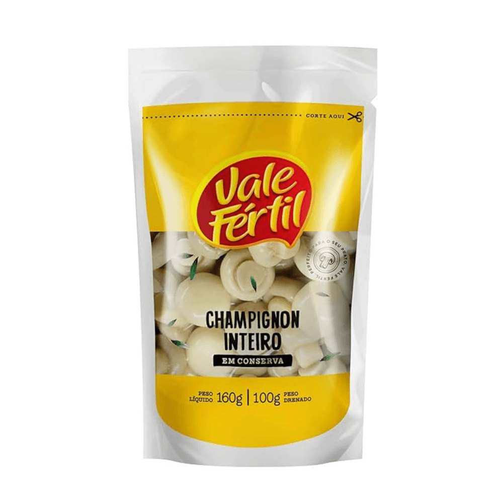 Cogumelo Champignon em Conserva Fatiado Vale Fértil Sachê Peso Líquido 160g Peso Drenado 100g