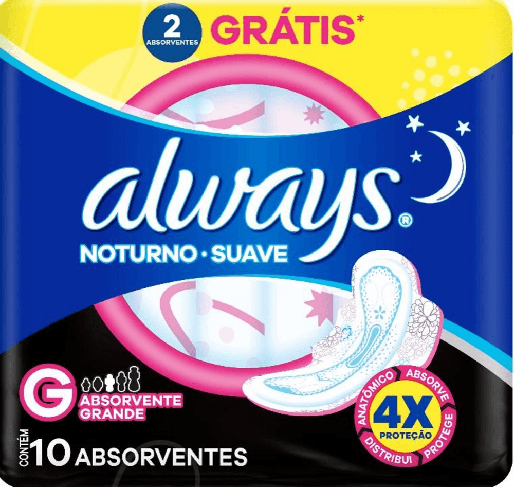 Absorvente Always Noites Tranquilas Cobertura Suave Com Abas Leve 10 Pague 8 Unidades