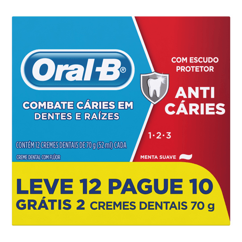Creme Dental com Flúor Menta Suave Oral-B 1-2-3 Caixa 70g Cada Leve 12 Pague 10 Unidades