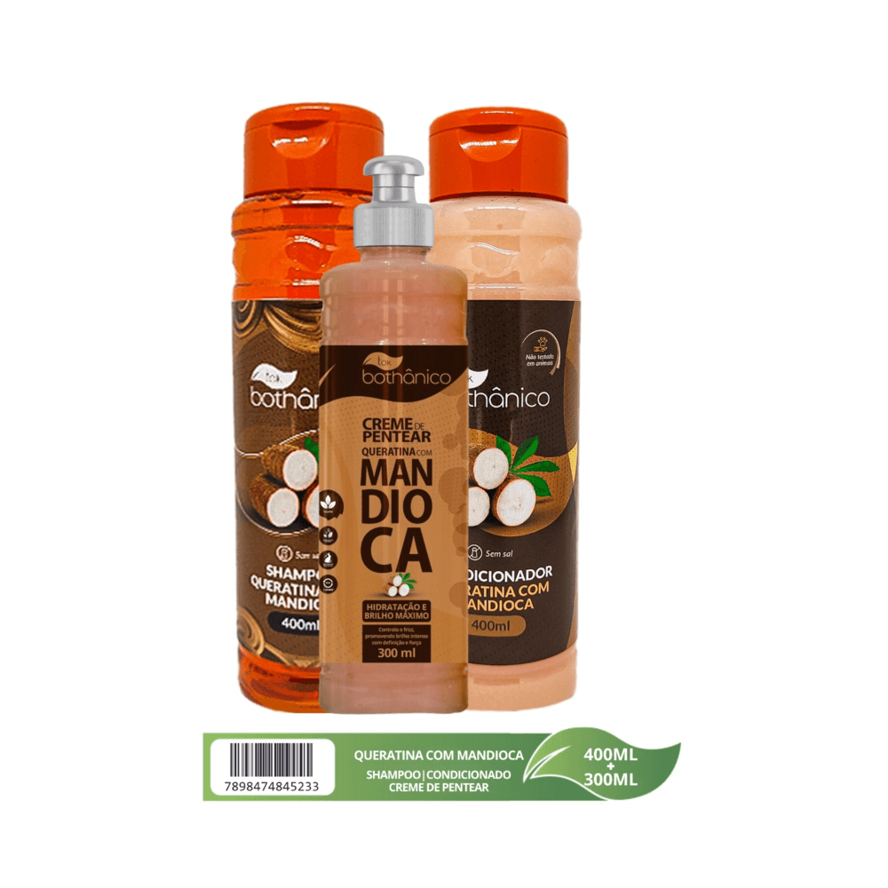 KIT TOK BOTHANICO SHAMPOO +CONDICIONADOR 400ML+CREME PENTEAR 300ML QUERATINA  COM MANDIOCA