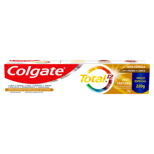 Creme Dental Antitártaro Anticárie com Flúor Colgate Total 12 Caixa 220g Preço Especial