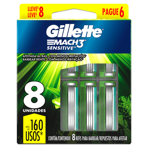 Carga de Aparelho para Barbear Gillette Mach3 Sensitive Leve 8 Pague 6 Unidades